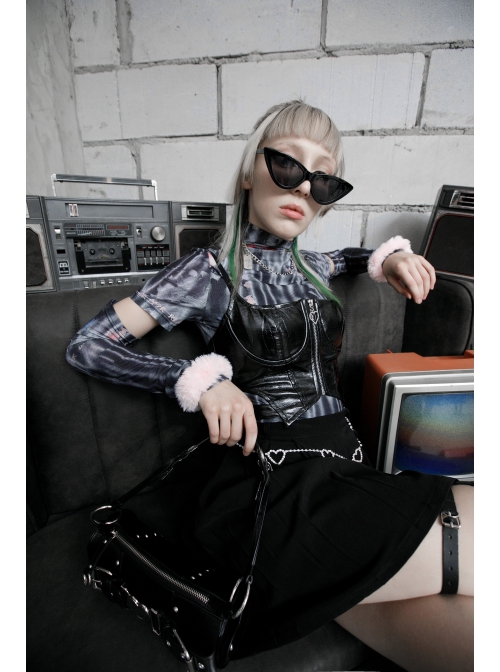 Patent Leather Fabric Metal Zipper Decoration Hollow Design Half-Breast Cup Hollow Sling