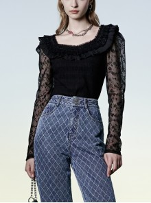 Warning series Rose Pattern Lace Fabric Pleated Design Neckline Lace Decoration Black Chiffon Top