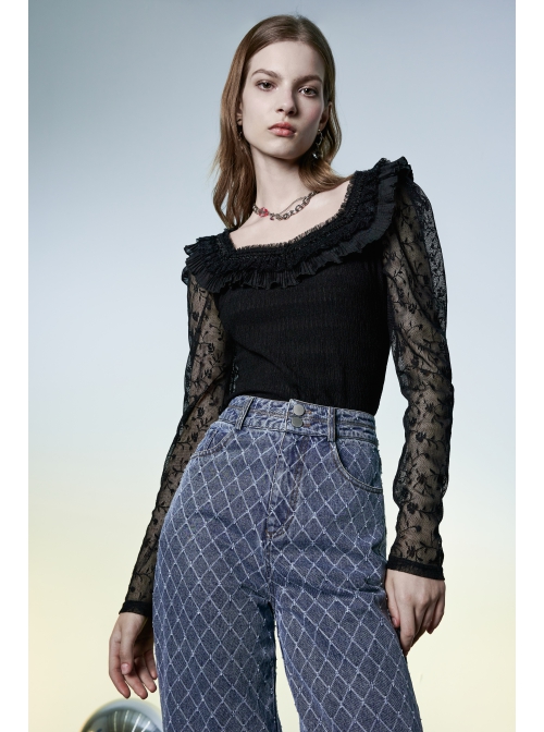 Warning series Rose Pattern Lace Fabric Pleated Design Neckline Lace Decoration Black Chiffon Top