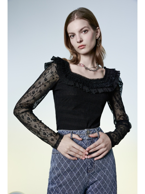 Warning series Rose Pattern Lace Fabric Pleated Design Neckline Lace Decoration Black Chiffon Top
