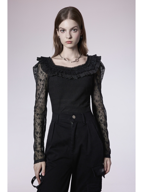 Warning series Rose Pattern Lace Fabric Pleated Design Neckline Lace Decoration Black Chiffon Top