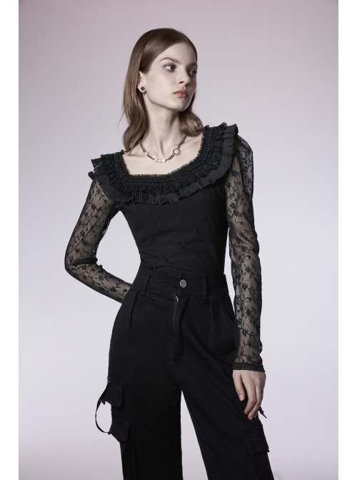 Warning series Rose Pattern Lace Fabric Pleated Design Neckline Lace Decoration Black Chiffon Top