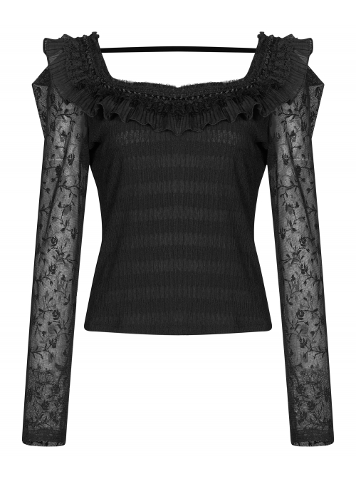 Warning series Rose Pattern Lace Fabric Pleated Design Neckline Lace Decoration Black Chiffon Top