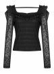 Warning series Rose Pattern Lace Fabric Pleated Design Neckline Lace Decoration Black Chiffon Top