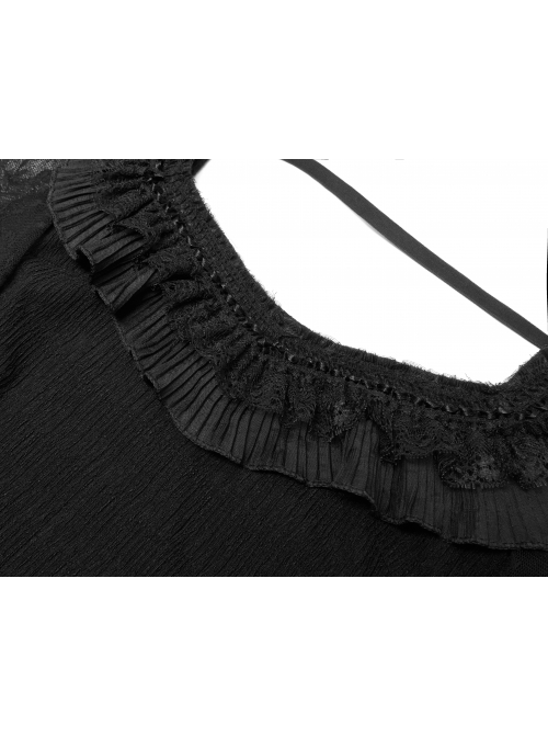 Warning series Rose Pattern Lace Fabric Pleated Design Neckline Lace Decoration Black Chiffon Top