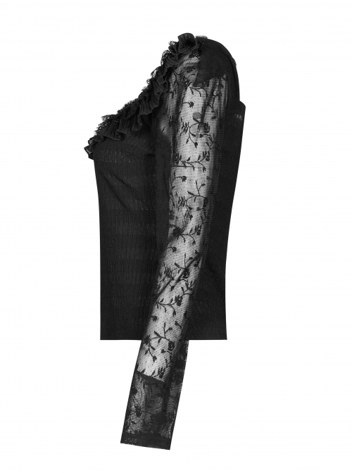 Warning series Rose Pattern Lace Fabric Pleated Design Neckline Lace Decoration Black Chiffon Top