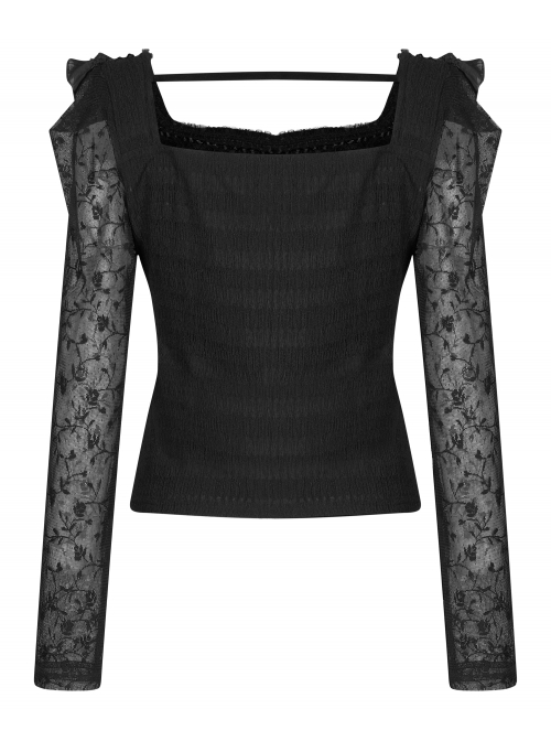 Warning series Rose Pattern Lace Fabric Pleated Design Neckline Lace Decoration Black Chiffon Top