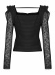 Warning series Rose Pattern Lace Fabric Pleated Design Neckline Lace Decoration Black Chiffon Top