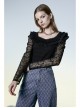 Warning series Rose Pattern Lace Fabric Pleated Design Neckline Lace Decoration Black Chiffon Top