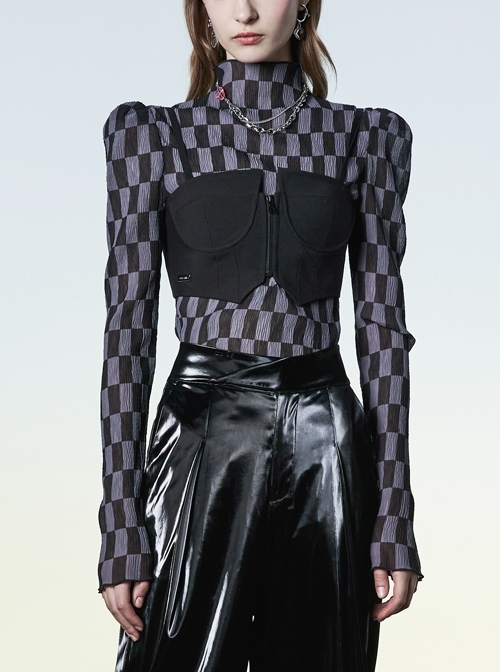 Black And Gray Revelation Series Right Angle Shoulder Checkerboard Elasticity Pleated Chiffon T-shirt