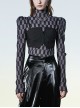 Black And Gray Revelation Series Right Angle Shoulder Checkerboard Elasticity Pleated Chiffon T-shirt