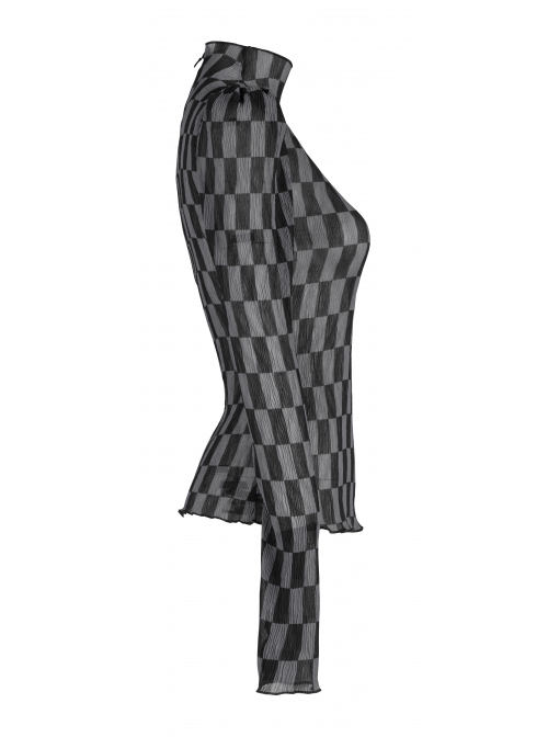 Black And Gray Revelation Series Right Angle Shoulder Checkerboard Elasticity Pleated Chiffon T-shirt