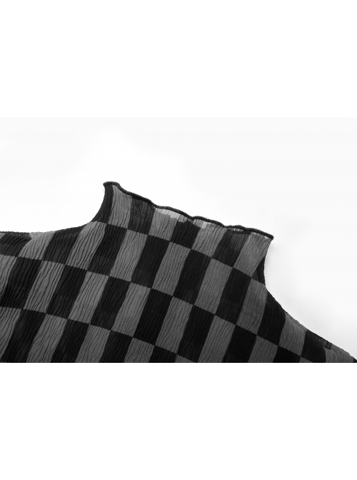 Black And Gray Revelation Series Right Angle Shoulder Checkerboard Elasticity Pleated Chiffon T-shirt