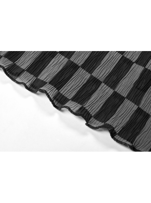 Black And Gray Revelation Series Right Angle Shoulder Checkerboard Elasticity Pleated Chiffon T-shirt