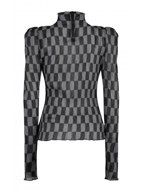 Black And Gray Revelation Series Right Angle Shoulder Checkerboard Elasticity Pleated Chiffon T-shirt
