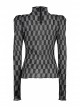Black And Gray Revelation Series Right Angle Shoulder Checkerboard Elasticity Pleated Chiffon T-shirt