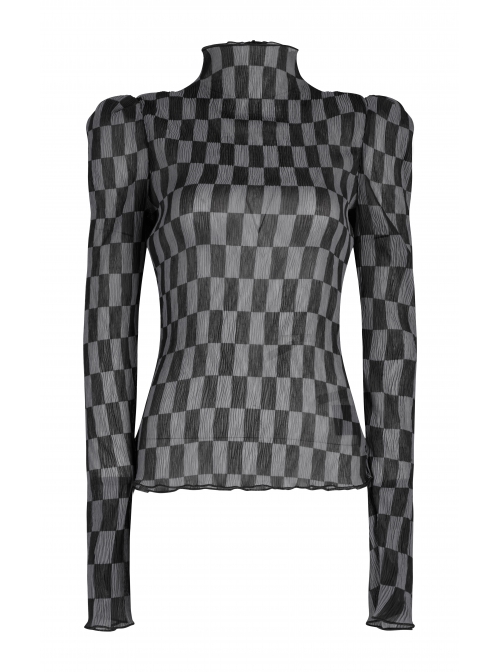 Black And Gray Revelation Series Right Angle Shoulder Checkerboard Elasticity Pleated Chiffon T-shirt