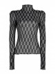 Black And Gray Revelation Series Right Angle Shoulder Checkerboard Elasticity Pleated Chiffon T-shirt
