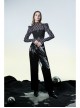 Black And Gray Revelation Series Right Angle Shoulder Checkerboard Elasticity Pleated Chiffon T-shirt
