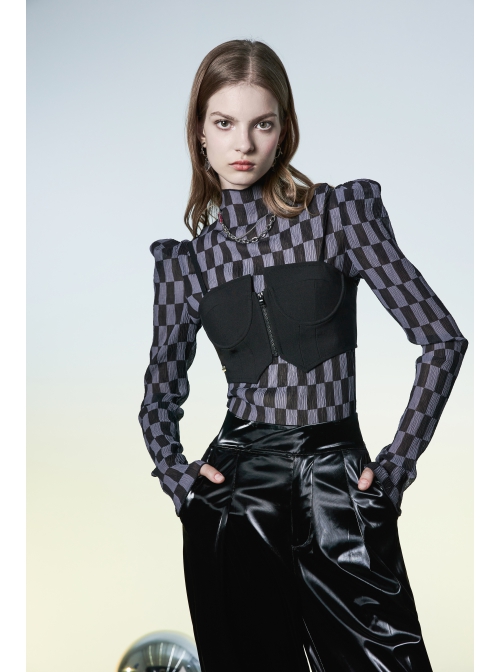 Black And Gray Revelation Series Right Angle Shoulder Checkerboard Elasticity Pleated Chiffon T-shirt