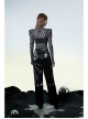 Black And Gray Revelation Series Right Angle Shoulder Checkerboard Elasticity Pleated Chiffon T-shirt