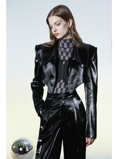 Black And Gray Revelation Series Right Angle Shoulder Checkerboard Elasticity Pleated Chiffon T-shirt