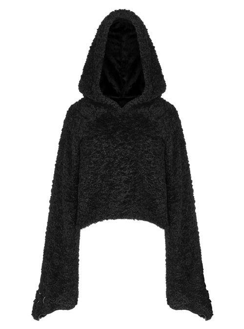 Black Flared Sleeve Design Pattern Embroidery Cute Cat Paw Fluffy Pullover