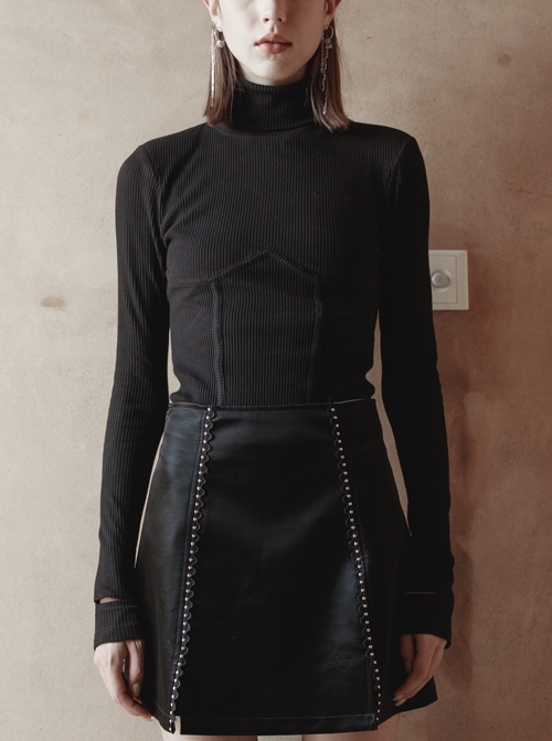 Punk Black Thread Knitted Fabric Turtleneck Versatile Multi Segmentation Lines Bottoming T-Shirt