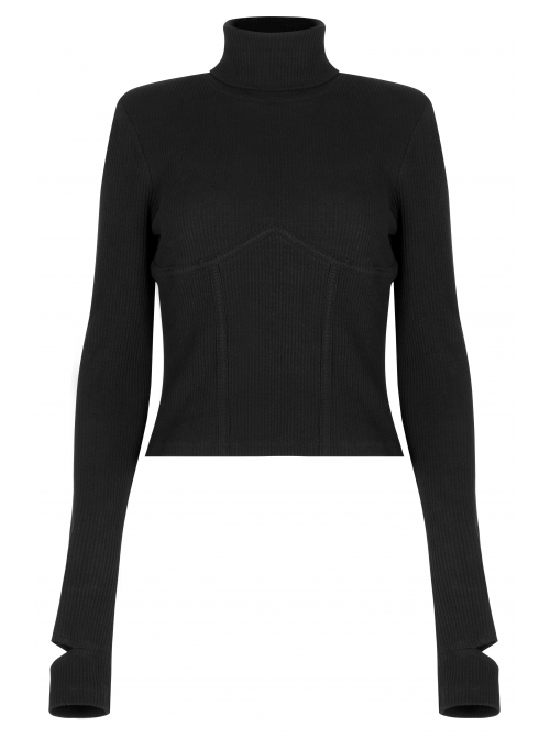 Punk Black Thread Knitted Fabric Turtleneck Versatile Multi Segmentation Lines Bottoming T-Shirt