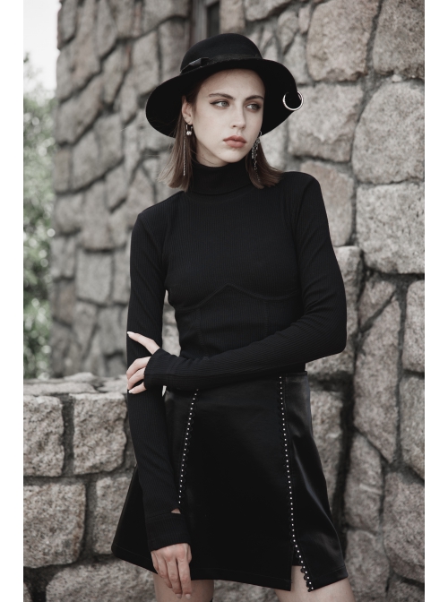 Punk Black Thread Knitted Fabric Turtleneck Versatile Multi Segmentation Lines Bottoming T-Shirt
