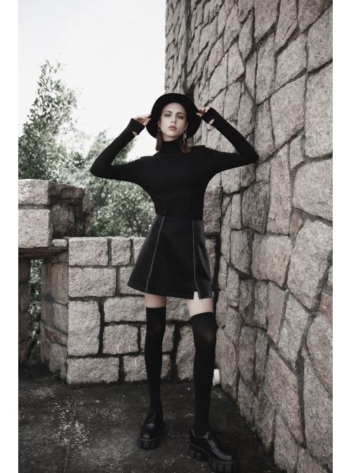 Punk Black Thread Knitted Fabric Turtleneck Versatile Multi Segmentation Lines Bottoming T-Shirt