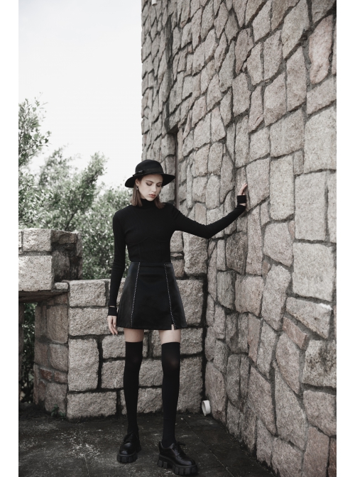 Punk Black Thread Knitted Fabric Turtleneck Versatile Multi Segmentation Lines Bottoming T-Shirt