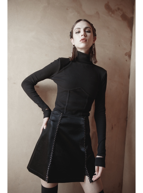 Punk Black Thread Knitted Fabric Turtleneck Versatile Multi Segmentation Lines Bottoming T-Shirt