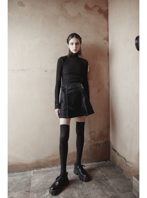 Punk Black Thread Knitted Fabric Turtleneck Versatile Multi Segmentation Lines Bottoming T-Shirt