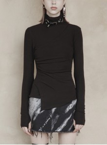 Punk Cashmere Knitting Cross-Folding Fold Design High Collar Pleated Long Sleeve Black T-Shirt