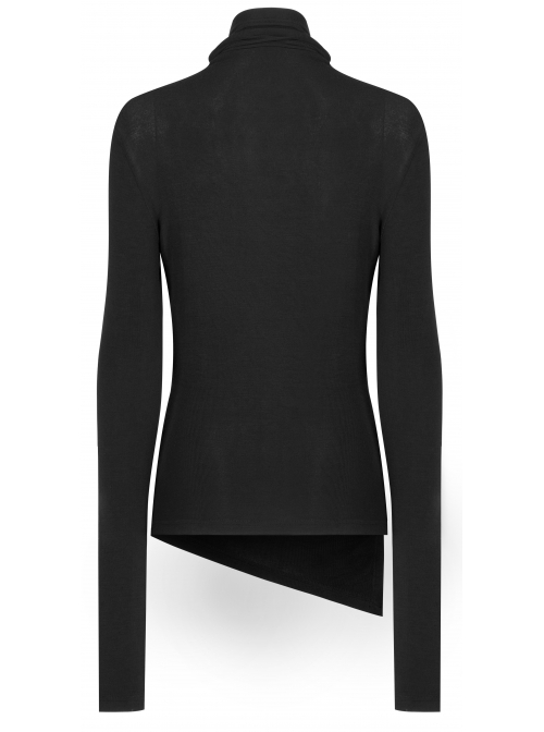 Punk Cashmere Knitting Cross-Folding Fold Design High Collar Pleated Long Sleeve Black T-Shirt