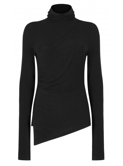 Punk Cashmere Knitting Cross-Folding Fold Design High Collar Pleated Long Sleeve Black T-Shirt