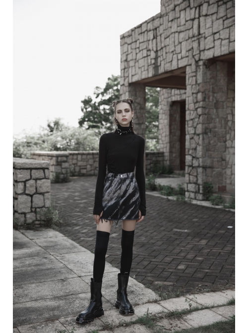 Punk Cashmere Knitting Cross-Folding Fold Design High Collar Pleated Long Sleeve Black T-Shirt