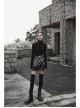Punk Cashmere Knitting Cross-Folding Fold Design High Collar Pleated Long Sleeve Black T-Shirt