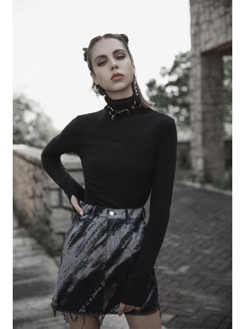 Punk Cashmere Knitting Cross-Folding Fold Design High Collar Pleated Long Sleeve Black T-Shirt
