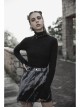 Punk Cashmere Knitting Cross-Folding Fold Design High Collar Pleated Long Sleeve Black T-Shirt