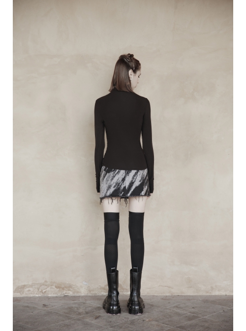 Punk Cashmere Knitting Cross-Folding Fold Design High Collar Pleated Long Sleeve Black T-Shirt