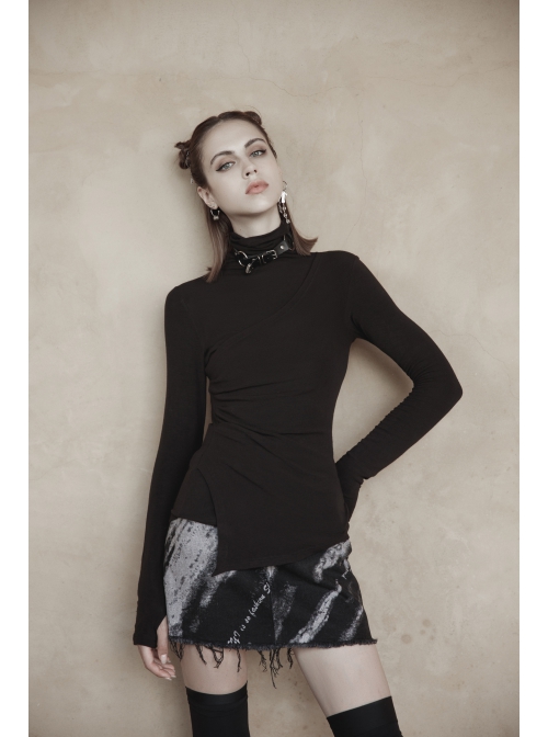 Punk Cashmere Knitting Cross-Folding Fold Design High Collar Pleated Long Sleeve Black T-Shirt