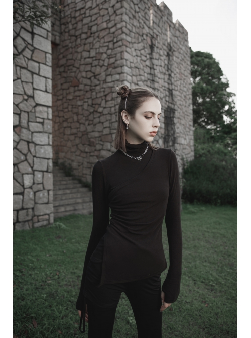 Punk Cashmere Knitting Cross-Folding Fold Design High Collar Pleated Long Sleeve Black T-Shirt