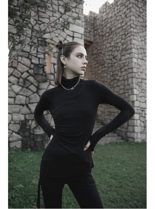 Punk Cashmere Knitting Cross-Folding Fold Design High Collar Pleated Long Sleeve Black T-Shirt