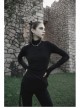 Punk Cashmere Knitting Cross-Folding Fold Design High Collar Pleated Long Sleeve Black T-Shirt