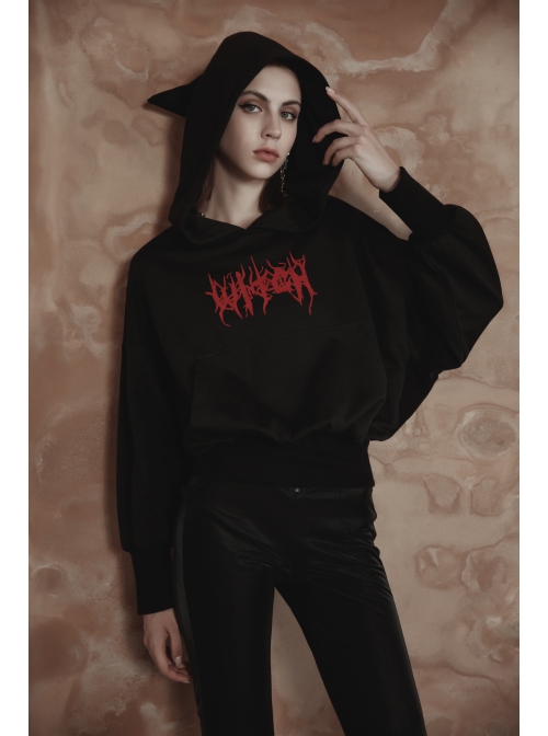 Pure Cotton Threaded Elastic Hem Witch Hat Gothic Letter Printing Sweater