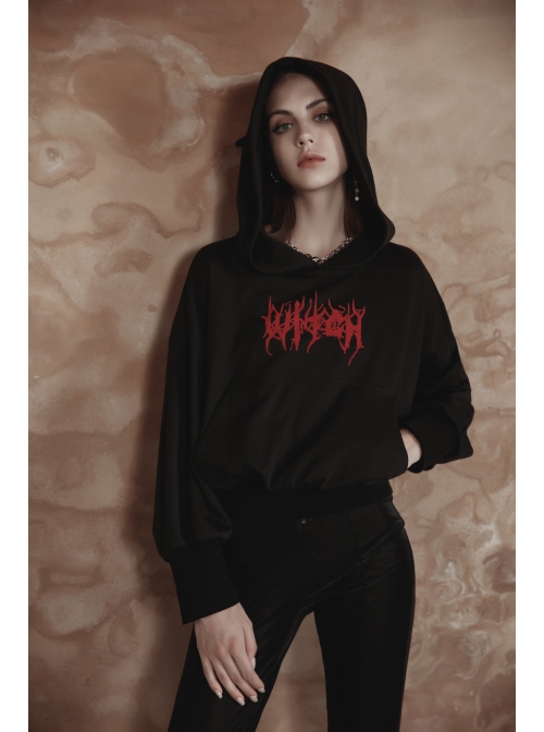 Pure Cotton Threaded Elastic Hem Witch Hat Gothic Letter Printing Sweater