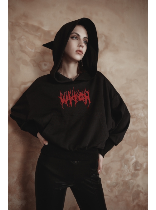 Pure Cotton Threaded Elastic Hem Witch Hat Gothic Letter Printing Sweater