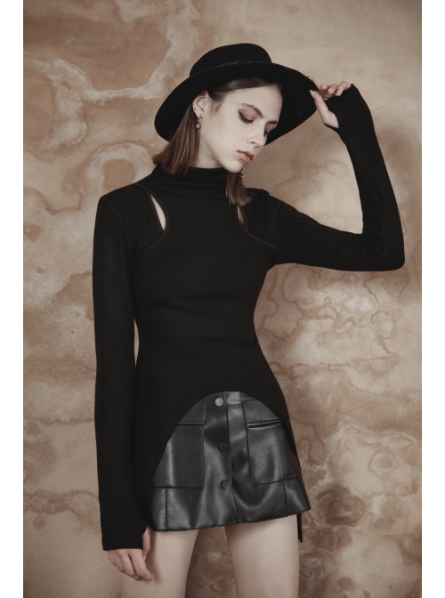 Punk Black High Collar Pointed Hem Cut-Out Fit T-Shirt